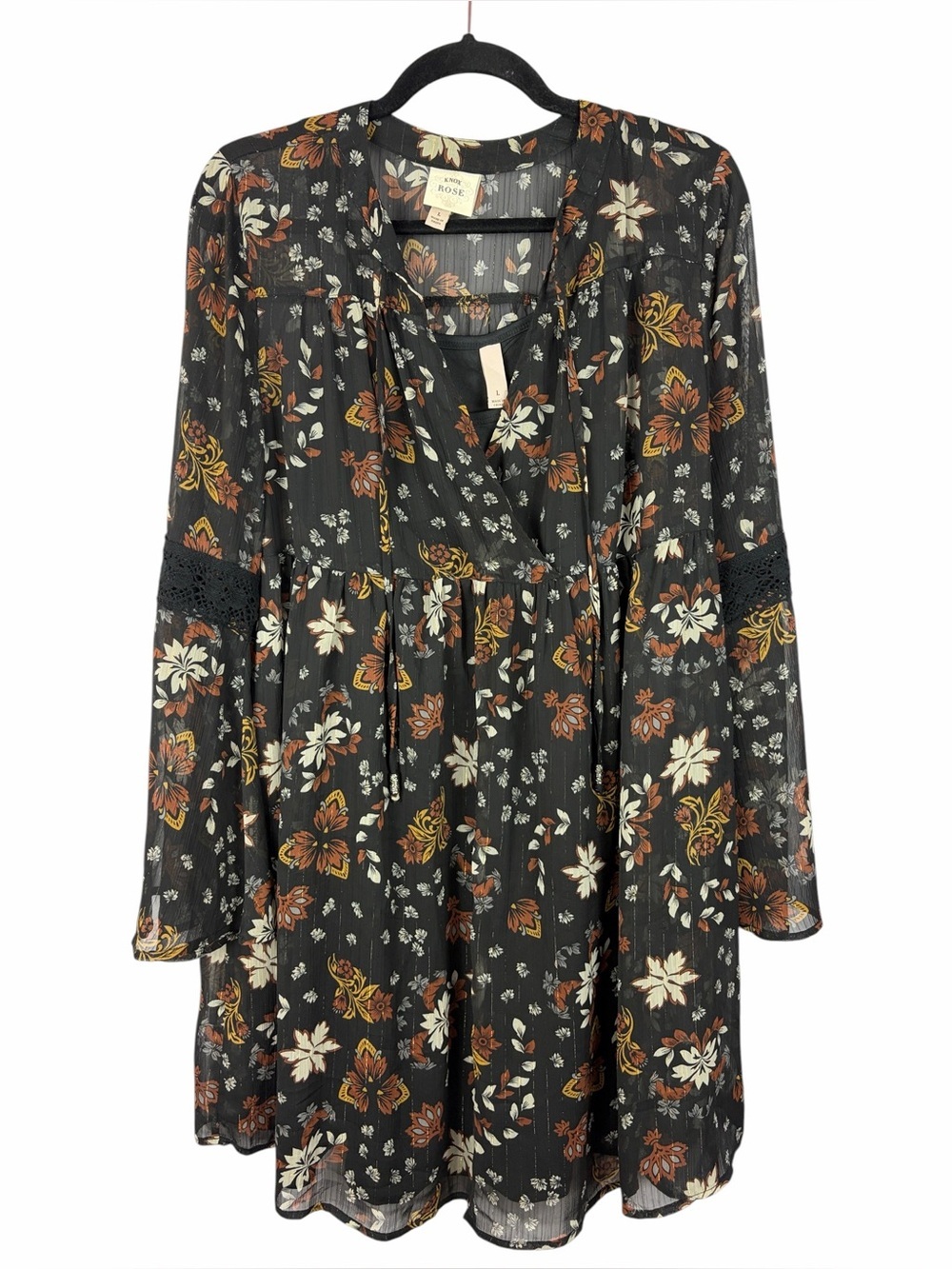Knox Rose Floral Tunic Dress Boho Bell Sleeve Mini Dress with Slip Size Large
